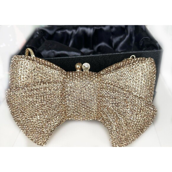 Gold Embellished Crystal Studded Bow Shaped Clutch Purse Luxury Cocktail - Picture 2 of 7